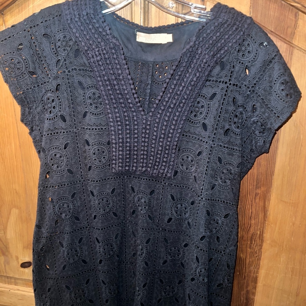 La Cera Cotton eyelet Lace Y-neck shift dress Medium